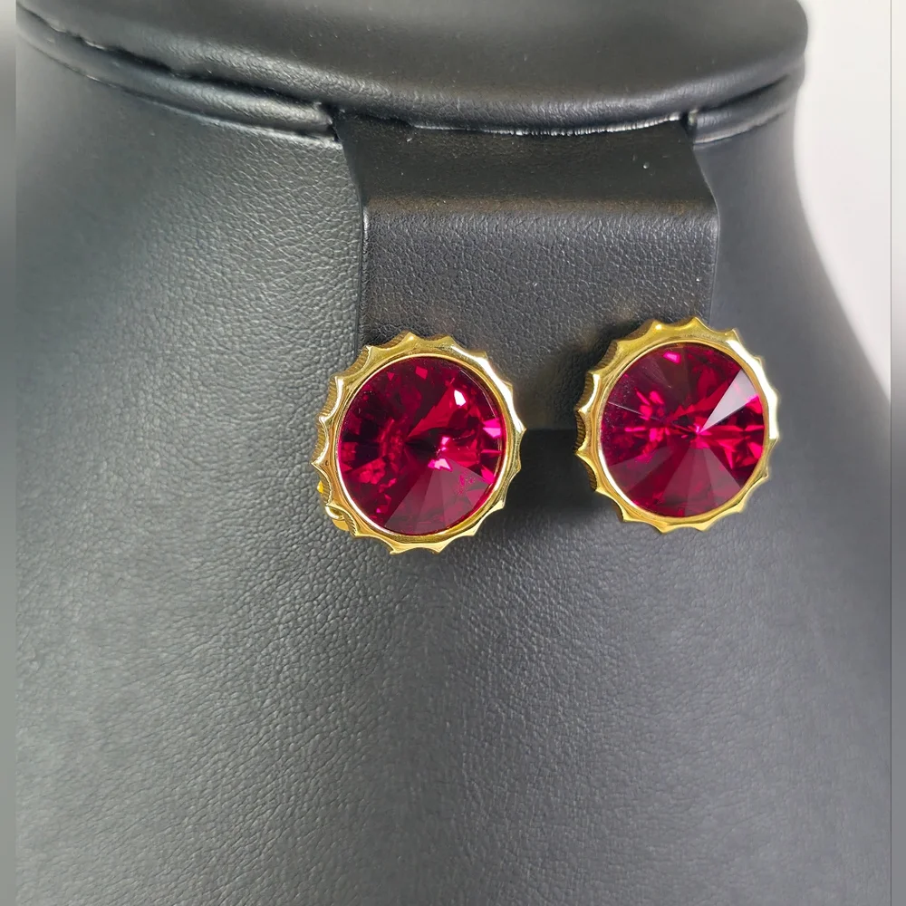 Swarovski Signed Earrings Vintage Clip On Red Crystal Gemstone Gold Plated Swan